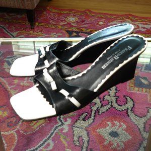 (NWOB) Franco Barbieri Black/White Leather Wedge Sandals 8.5M